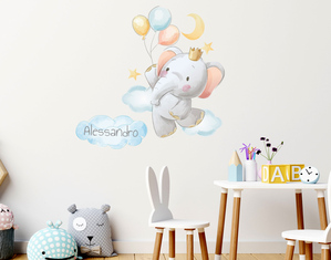 Adesivo Murale Elefantino e Palloncini con nome personalizzato nella nuvoletta