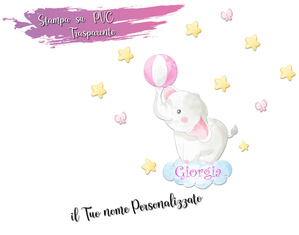 Adesivo Elefantino con Pallone da giocoliere circo e nome personalizzato per bambina