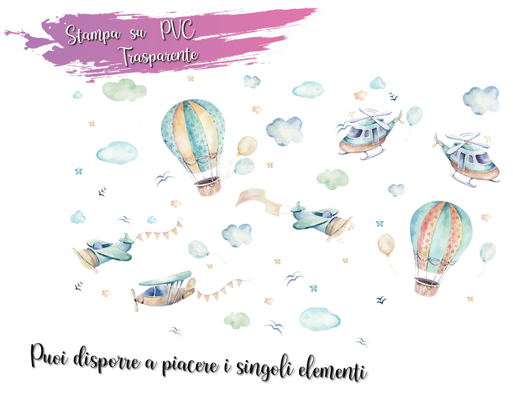 DECOWALL Adesivi Da Parete Per Cameretta - Trenino E Mongolfiere Con Animali - Rimovibili 4 Fogli