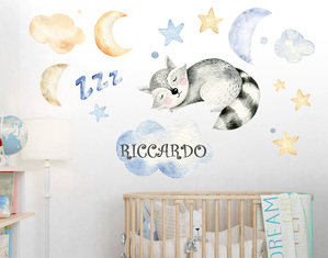 Adesivo murale cameretta nome personalizzato nella nuvola simpatica decorazione con animaletto che dorme