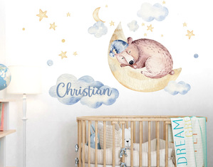 Stickers Orsetto che dorme sulla luna simpatico adesivo murale per la cameretta dei bambini con nome personalizzato