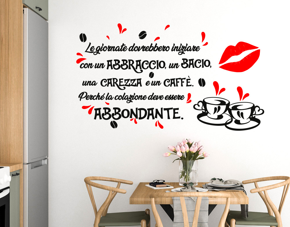 Decorazione da muro caffè e tazzine con frase e bacio