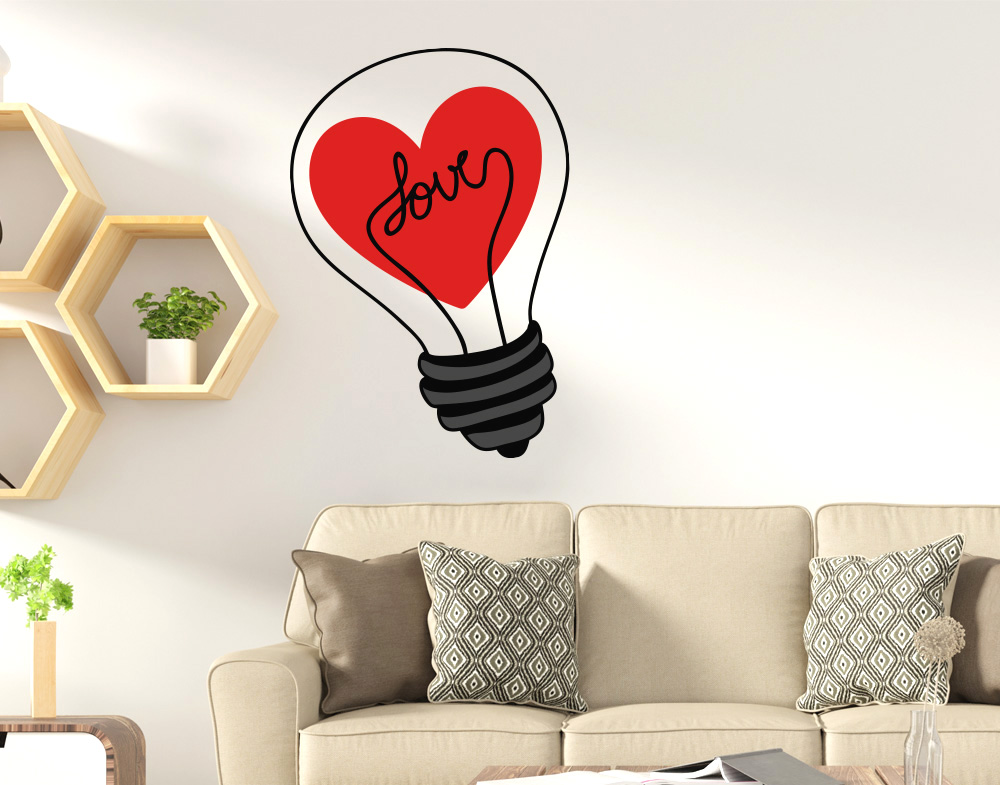 Adesivo da muro con scritta love lampadina e cuore