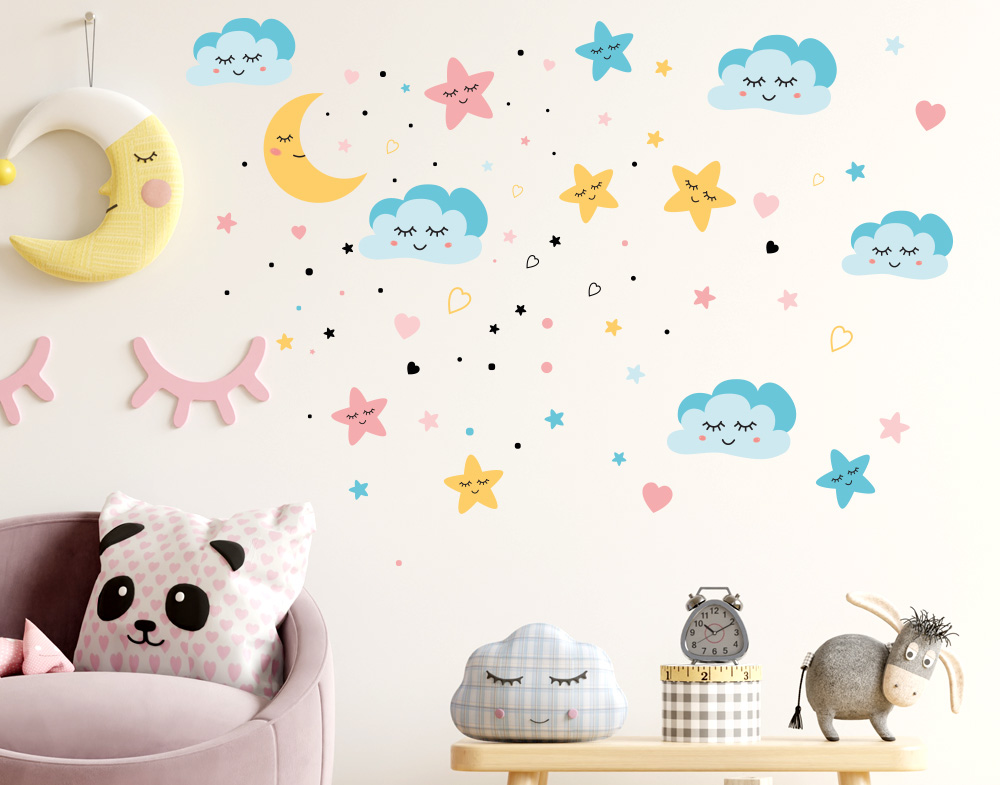 Stickers bambini nuvole decorative colorate con stelle e luna