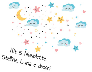 Stickers bambini nuvole decorative colorate con stelle e luna