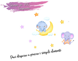 Adesivi cameretta bambini elefante con luna e stelle
