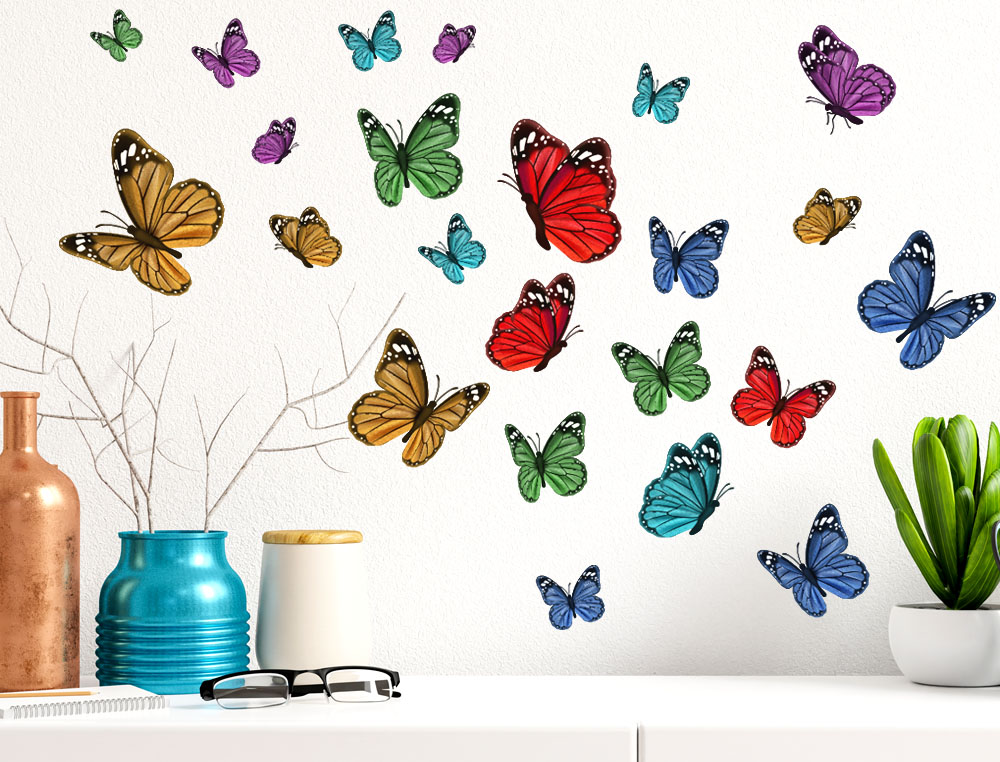 Adesivi murali farfalle colorate nella tonalità del verde Viola Rosso Oro Turchese