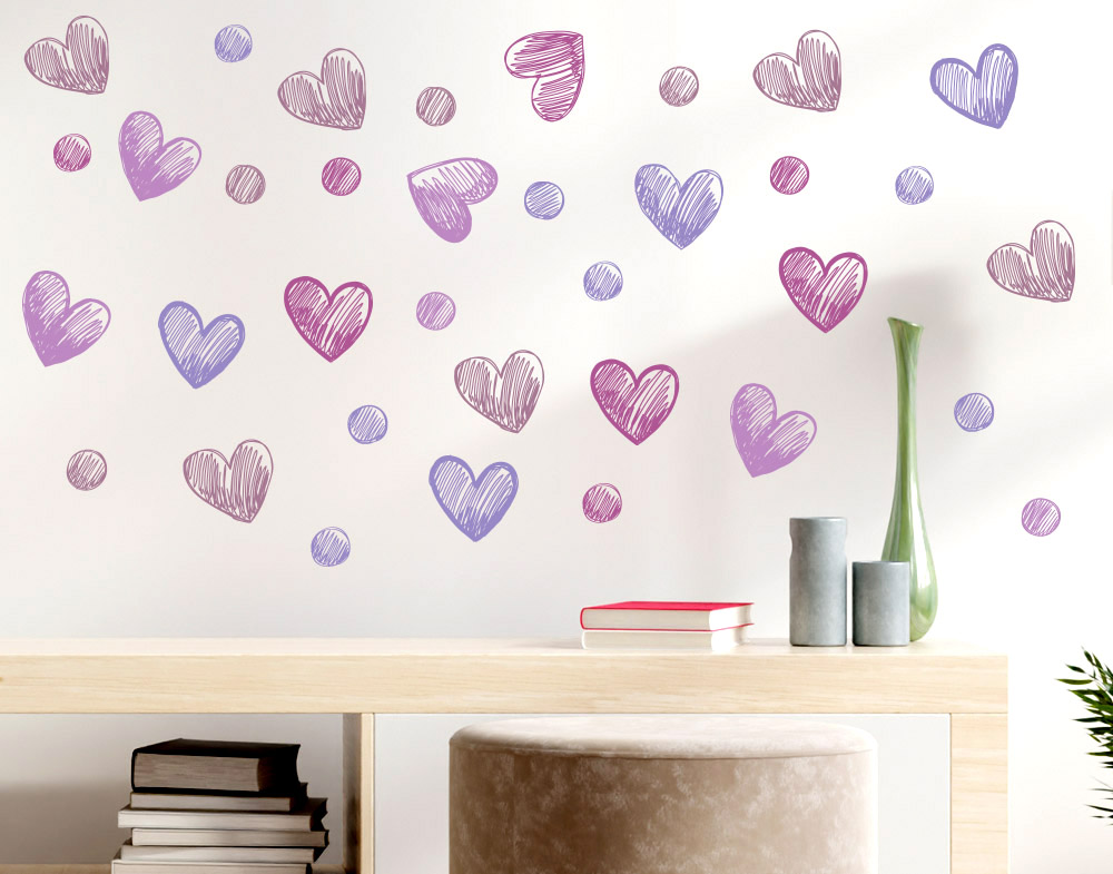 Adesivi da muro a forma di cuore per camerette con pois decorativi