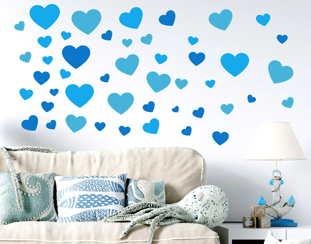 Wall stickers cuoricini colorati in blu per muro a forma di cuore