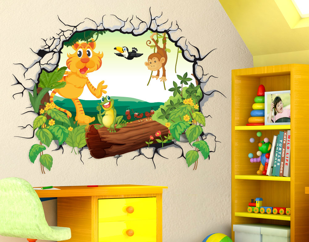 Adesivi Murali Effetto 3D Cameretta Bambini Foresta con tronco albero Tigrotto Scimmia Ranocchio