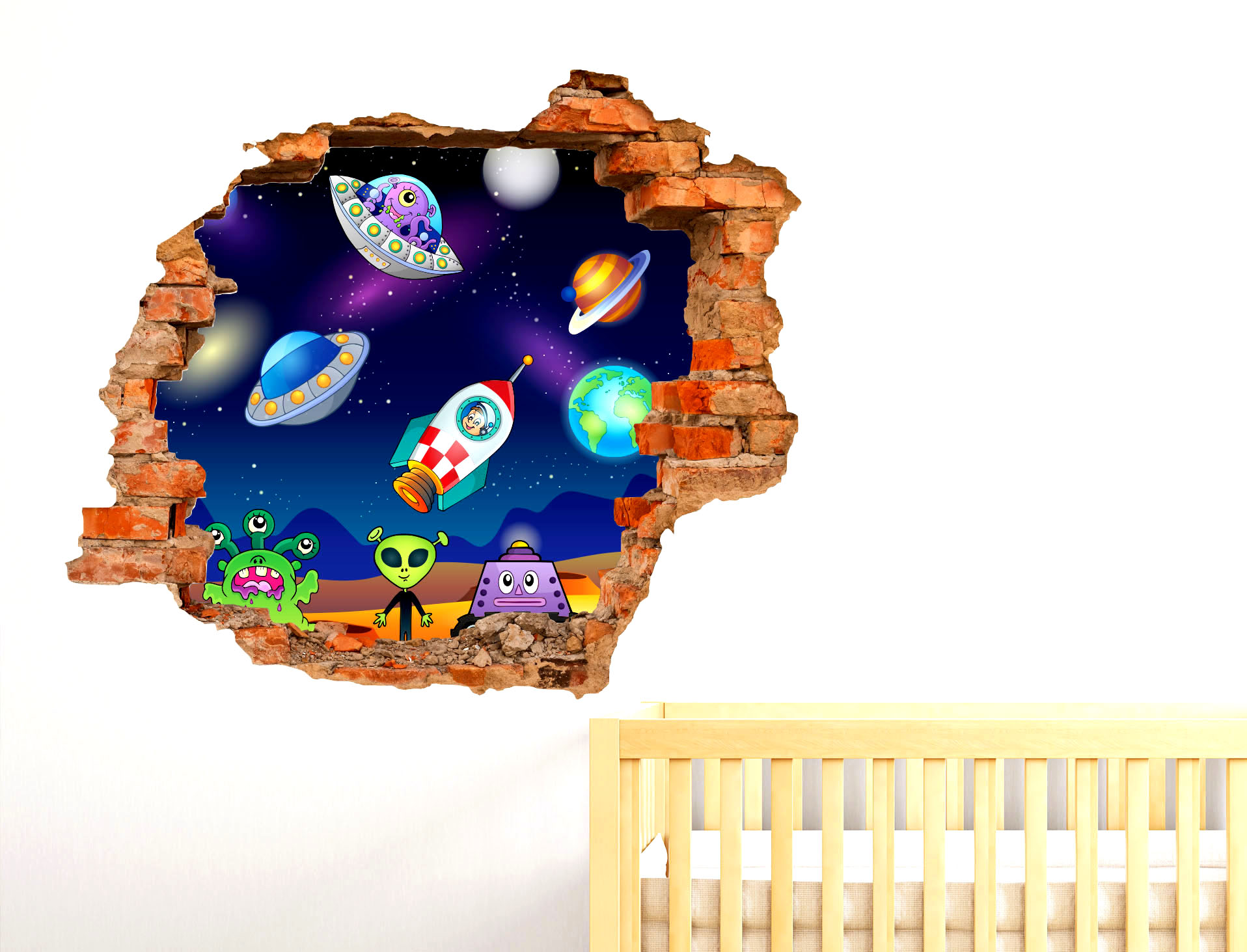Adesivi Murali Effetto 3D Cameretta Bambini Navicelle spaziali Spazio Alieni