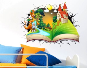 Adesivi Murali Effetto 3D Libro delle fiabe Castello Drago Decorativo Cameretta Bambini 