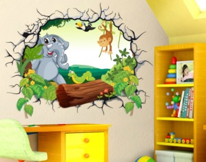 Adesivi Murali Effetto 3D Cameretta Bambini Foresta con tronco albero elefante scimmietta lombrico 