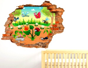 Adesivi Murali Effetto 3D Cameretta Bambini Fantasy Foresta insetti