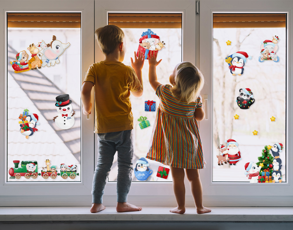 Kit decorativo di Natale per finestre Trenino Pinguini natalizio