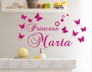 Adesivi murali nome personalizzato cameretta Princess e farfalle