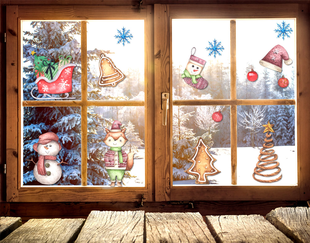 Kit adesivi di Natale per vetrate finestre casa acquerello slitta pupazzo di neve